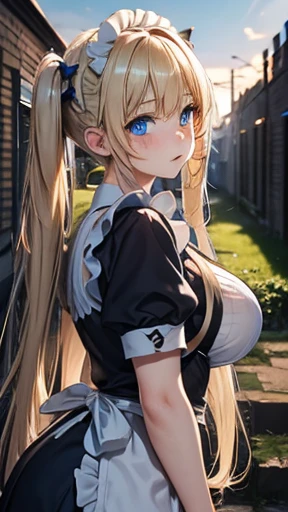 Blonde,Long twin tails,Very curled hair,Bright blue eyes,freckles,Big Breasts,teenager,Skin-tight clothing, Maid clothes,Outdoor,Dark Ruins,evening