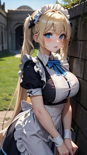 ((highest quality、High resolution、8K、masterpiece:1.3))、dynamic angle、wallpaper、1 girl、unparalleled beauty、ultimate beauty、super detailed face、delicate eyes、smile、sexy look、Depth of the bounds written、light particles、side light、((blonde、maid、maid服))、(lifting the skirt with both hands)、((expression of ecstasy、Looks embarrassed、inviting sex、sexually seducing、no panties、the skirt is turned up、She lifts up her skirt and shows her pussy.))、love juice、perfect body、beautiful breasts、cleavage、exposed nipples、tits、Thighhighs、thighs、slim、slender