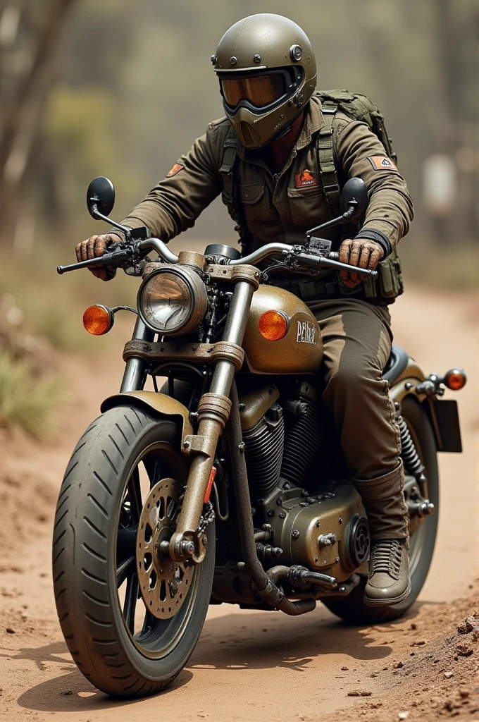 Cruiser motorbike, with 2 cylinder engine, cruiser bike, brownish army color, motorbike for army captains, experienced pirate theme, combat motorbike and complete with all accessories, can be used during the apocalypse in futistic style mixed with classic