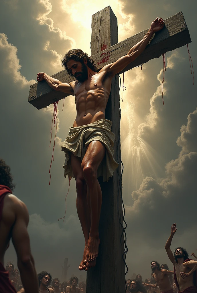 jesus christ being crucified on the cross, with blood running down the wood, in the background of the image a veil tearing from the sky to the earth
