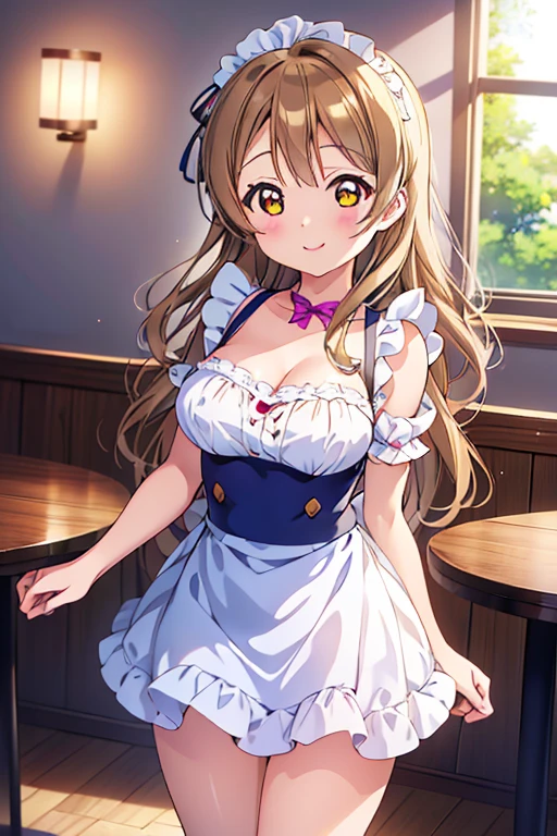 Highest quality、masterpiece、One Girl、alone、anime、animeScreencap、Ray Tracing、Global Illumination、ultra hi resolution picture、Bright colors、Light on the face、Glowing Eyes、Depth of written boundary、Detailed Background、cute、Straight、smile、View your viewers、Love Live!、whole body、Coffee shop、Maid clothes、Minami Kotori
