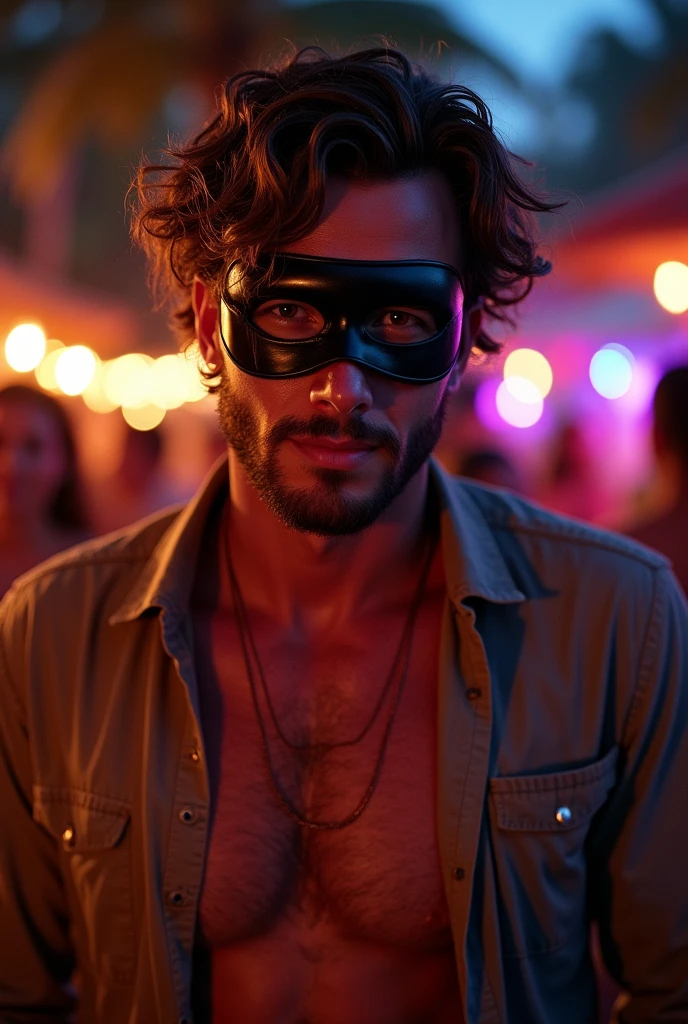 Wavy haired man wearing mask on upper face and open shirt at night luau party