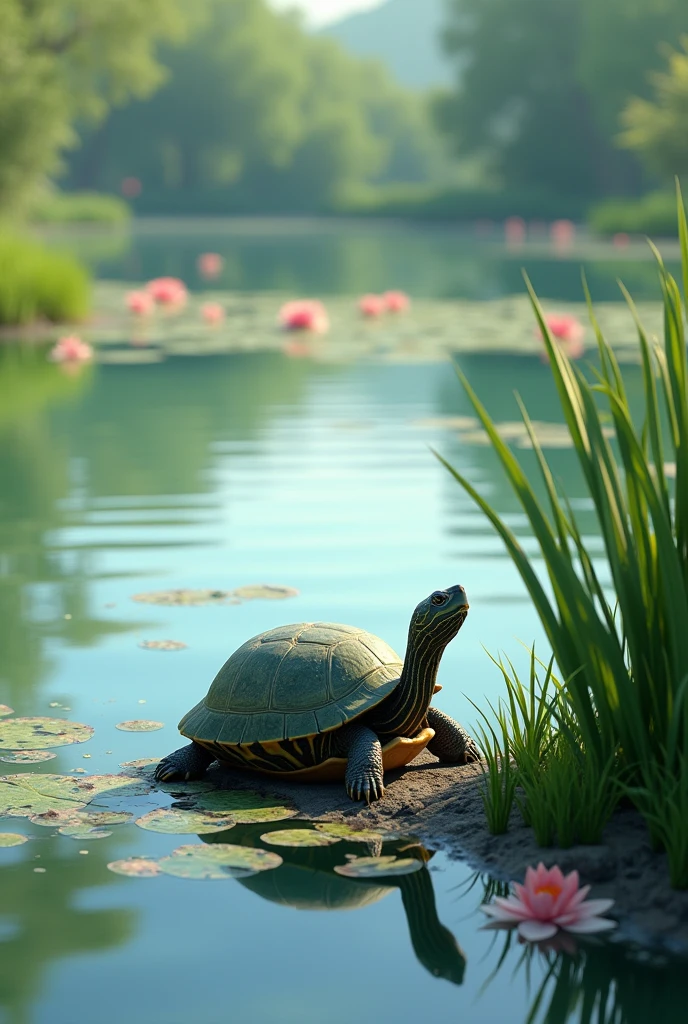 A turtle next to a lagoon