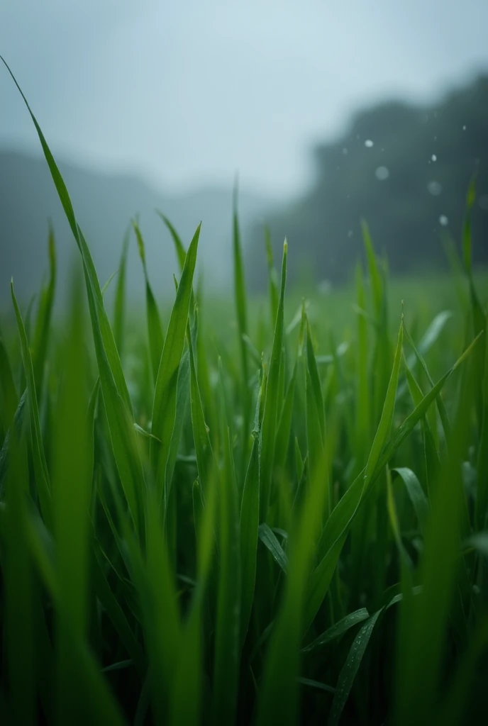 Close-up of saturated green grass with a grey and rainy background
