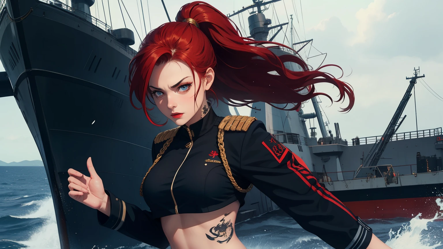 Hot young woman, long red hair, ponytail, admiral's uniform, many nautical tattoos, black make-up, high boots, high quality, best quality, high details, blue eyes, perfect body, warship in backround, navy, cannons fire, masterpiece, multilayer, angry eyes, 