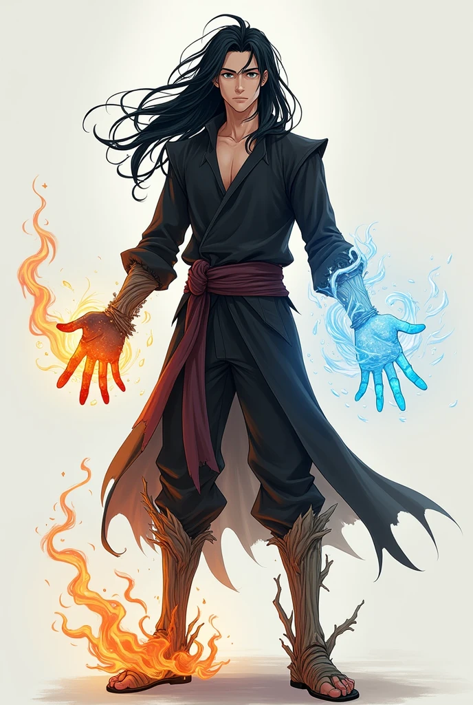 anime, 1 human man only, long black hair, standing, right wooden hand , left ice hand , right fire foot , left skeleton foot