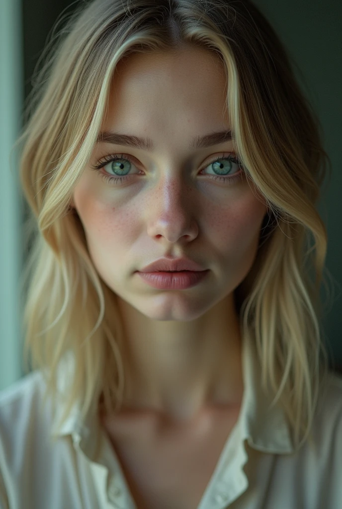 A nearly realistic 20 year old white woman who is not smiling, with straight blonde hair and emerald green eyes