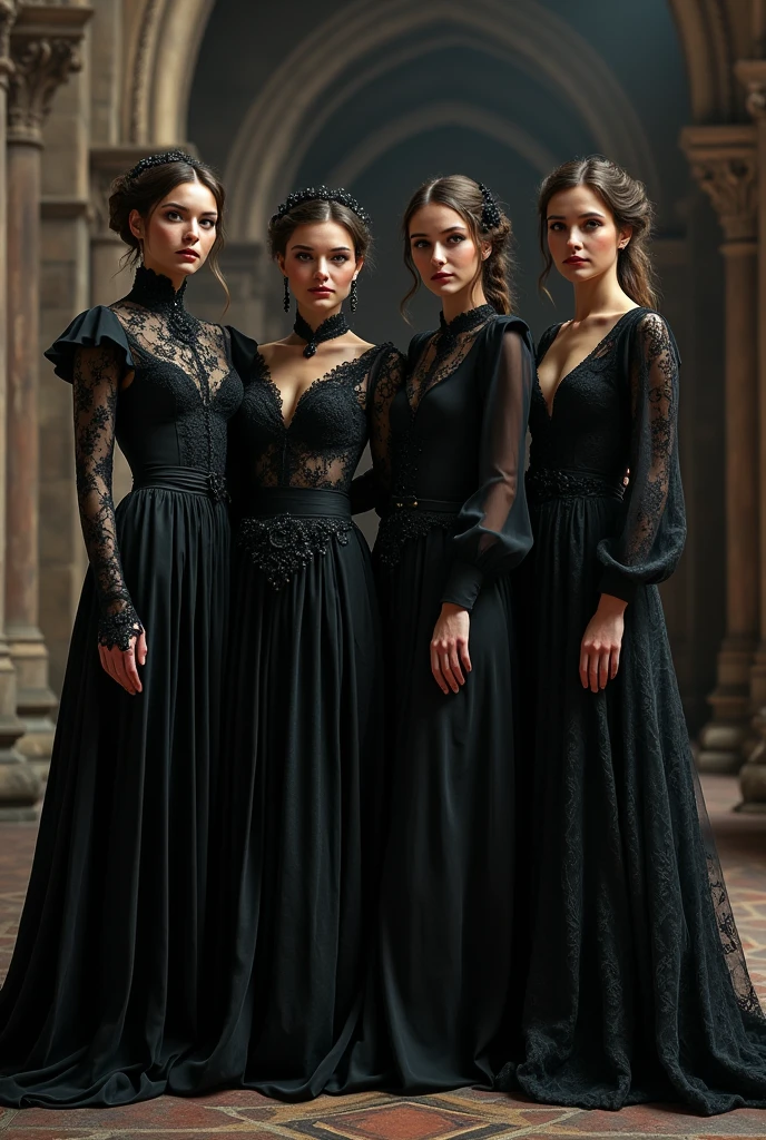Bridesmaids in Gothic style clothing, clothes must have styles, different details and lengths and must be different colors, less black