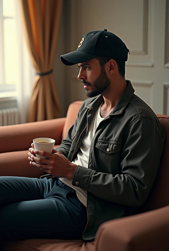 A men who set on the 3 seat sofa and away from the camera set on the side 
And he is in side pose
Have a cup of tea and wear a cap