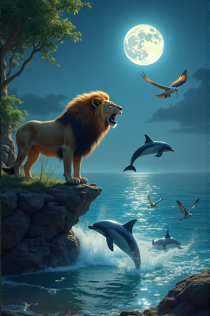 The lion roars, the birds take flight,
The dolphins dance in the moonlight,