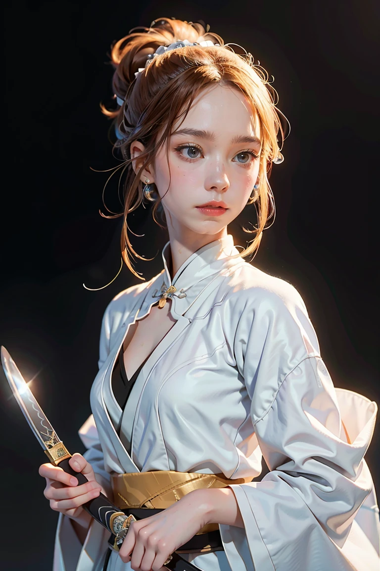Close-up of a woman holding a sword in a white dress., Character illustration by Yang J., Trending on CGSociety, fantasy art, beautiful character drawings, artwork in the style of Gouvice, Gouvice, white hanfu, flowing white coat, Wu Xie&#39;s whole body, Excellent and exquisite character art., Amazing character art, Beautiful Female Assassin