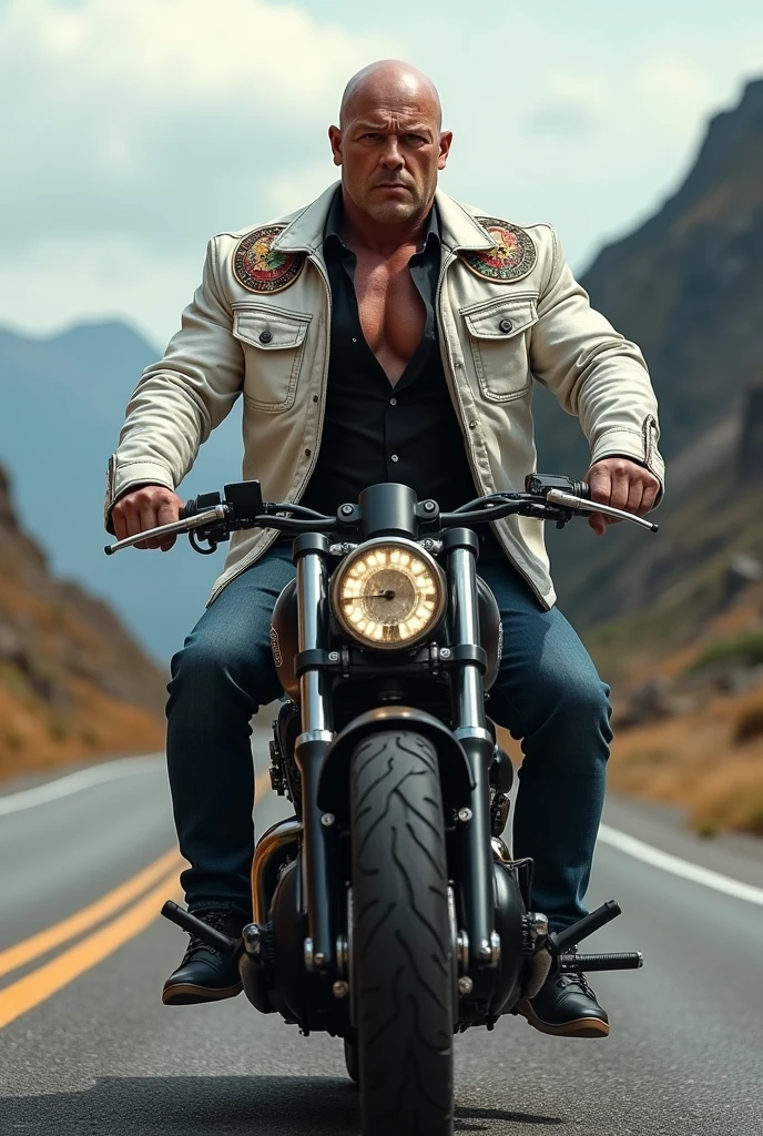 Big body builder white bald men wearing unbuttoned black double pocket check shirt and white leather jacket with logos at mountain road on heavy motor bike