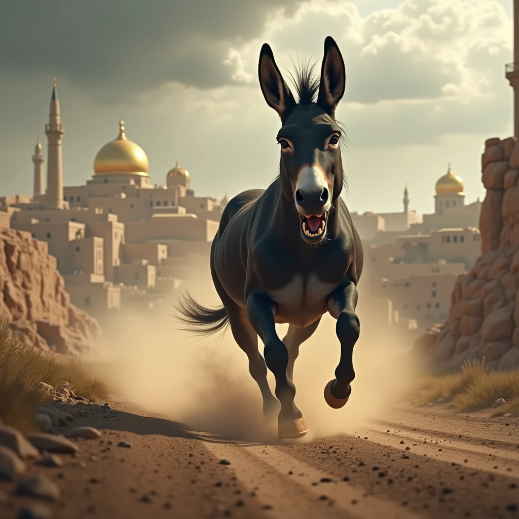 Draw a black donkey running fast on a dirt road near an ancient city. The donkey must have its mouth open in a cry, with dust kicked up around his paws as he runs. The city in the background must have historic buildings with golden domes., under a cloudy and threatening sky, conveying a sense of urgency and action."
