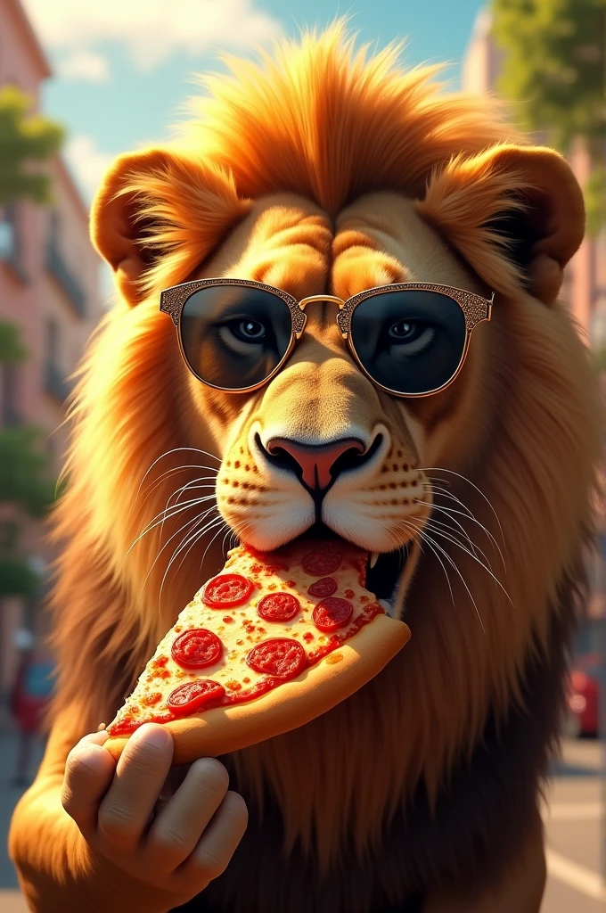 Lion in sunglasses eat pizza