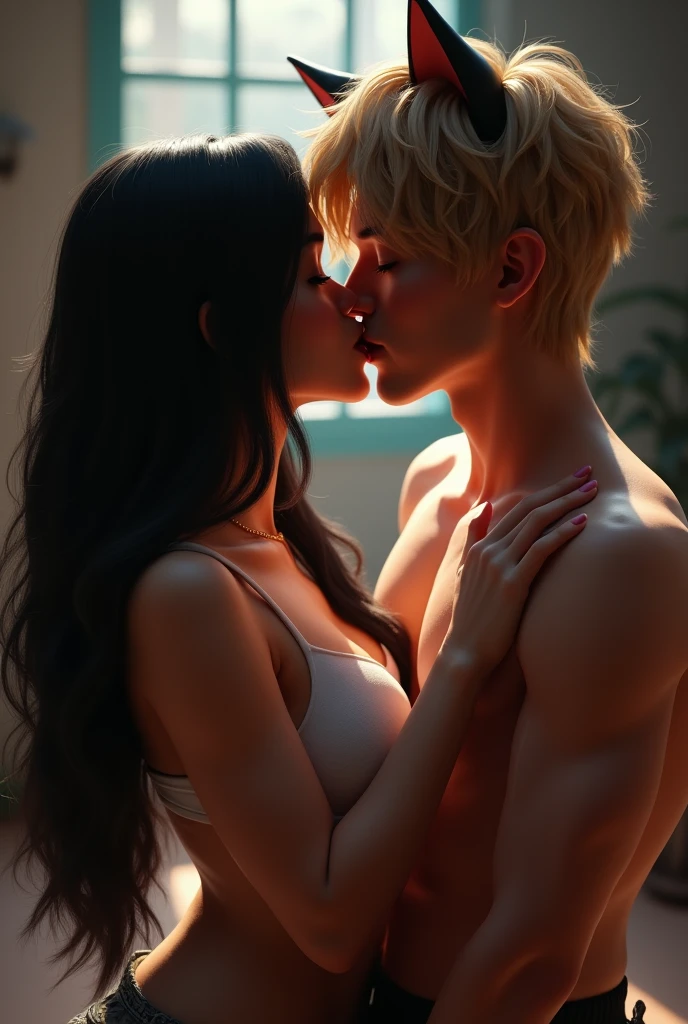 3d girl with black hair big boobs and a white tank top biting her lip with a 3d boy with dark blond hair cat ears and a crop top