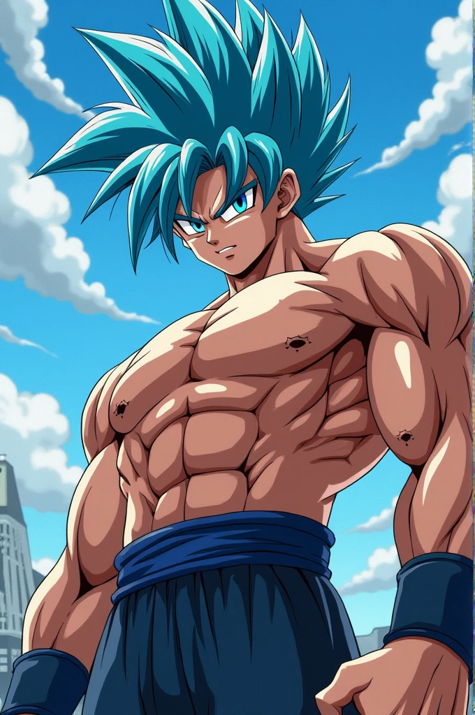 Create anime character with straight blue hair and blue eye and bodybuilder anime character