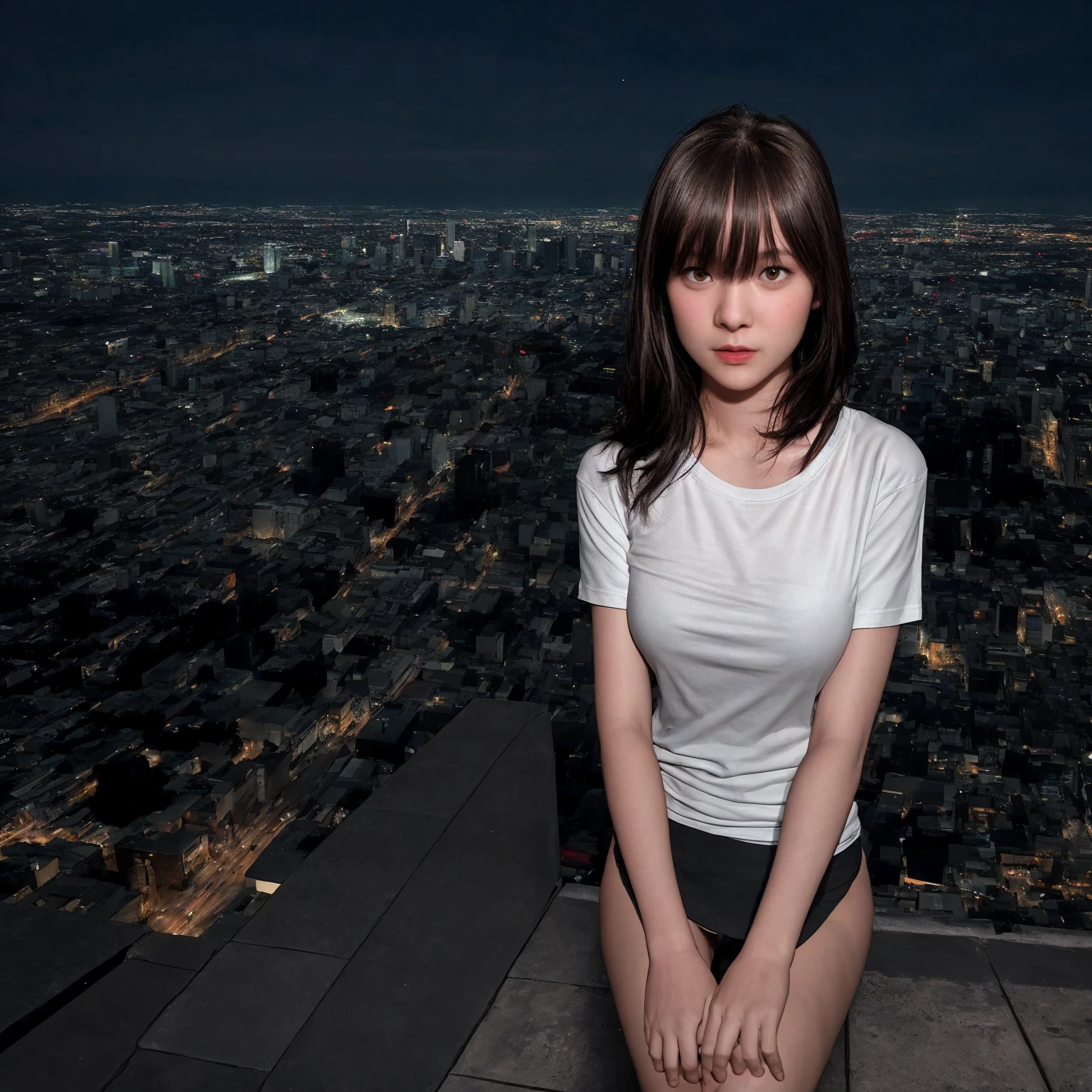 Girl with medium short black hair. At night on a balcony while smoking
