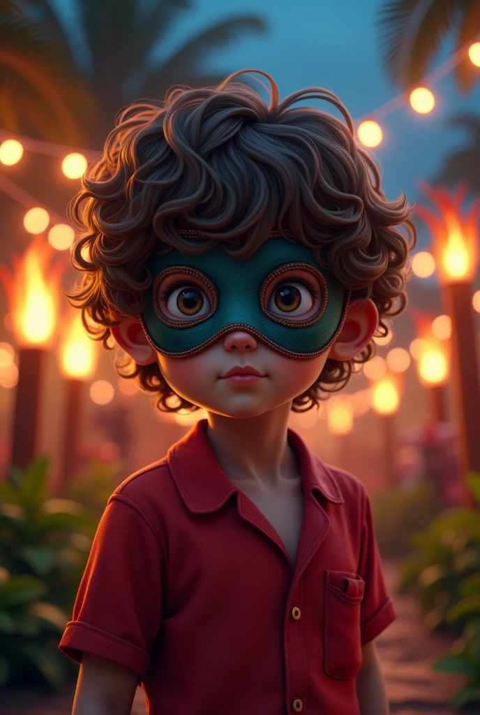 Boy with wavy hair wearing a mask on the upper part of his face and red clothes at a luau party at night