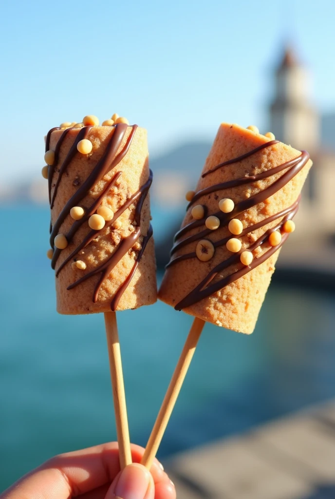 Two sticks with three marshmallows on each one, covered in chocolate with peanut chips, with the background of the Callao sea and the Real Felipe Fortress. Add less peanuts. Make it in the shape of a round logo for a business and add the name Chalaca Bonbons.