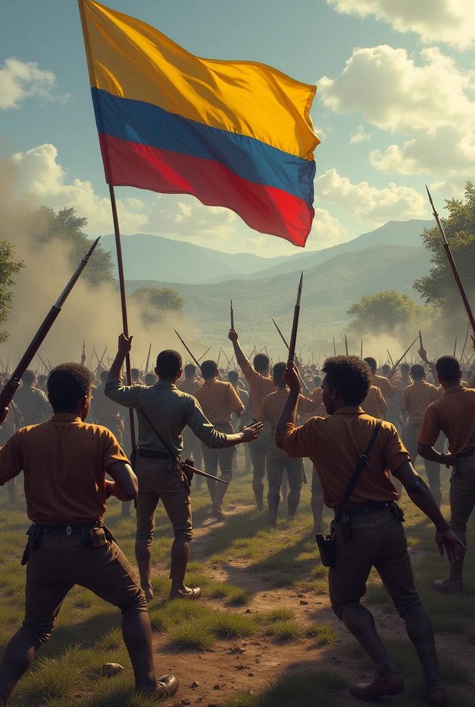 Make a picture of Afro-Colombians fighting with the flag of the Colombian Liberal Party in the 19th century