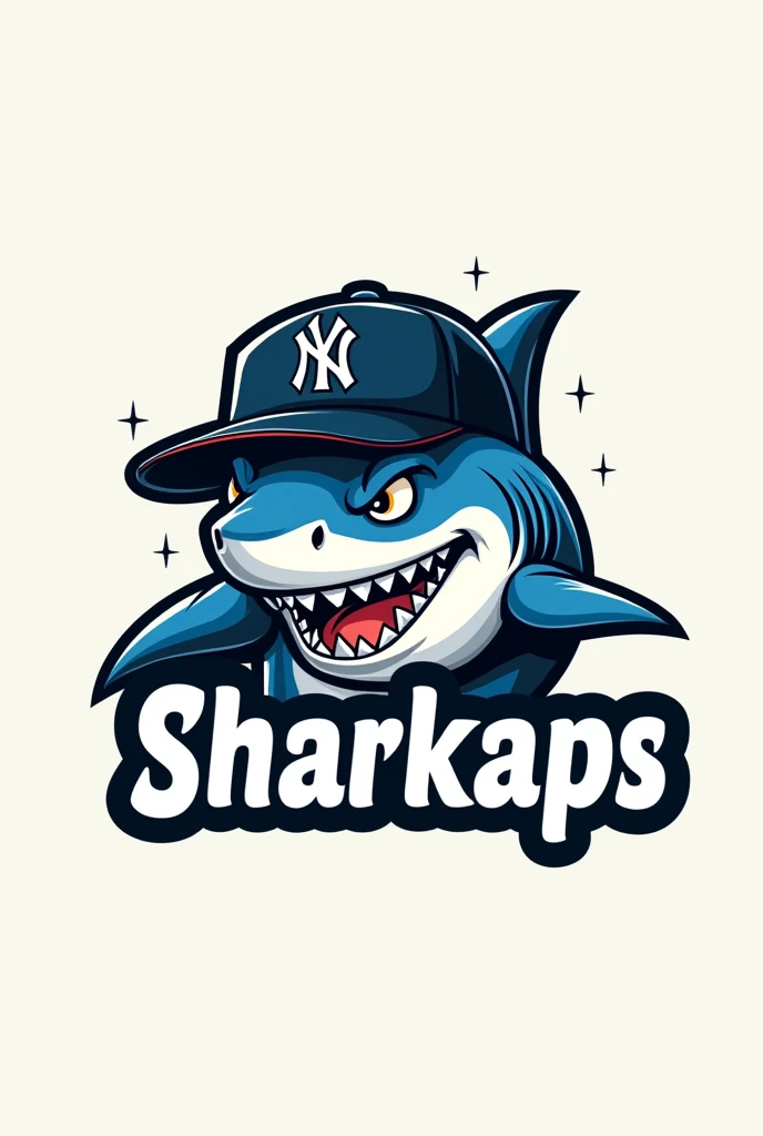 Create a logo of a shark with a NY cap that says SHARKAPS