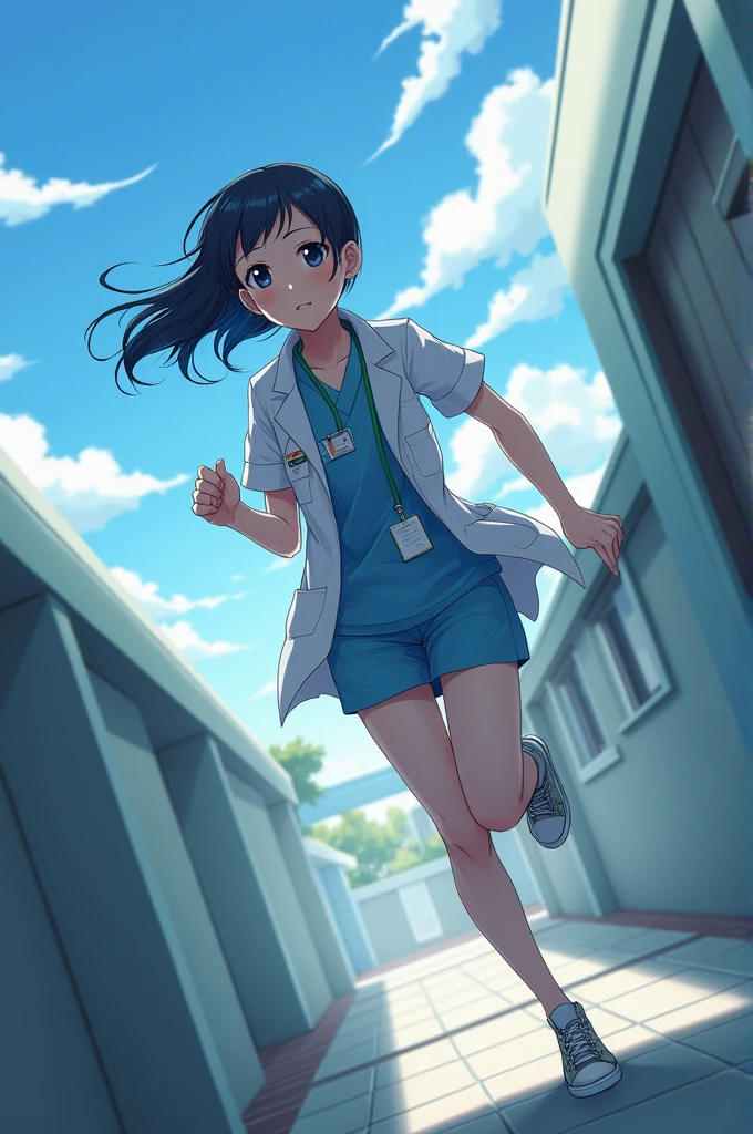 patient ager character right side pose running from hospital roof , anime style (best quality)), ((masterpiece)), (detailed), perfect face