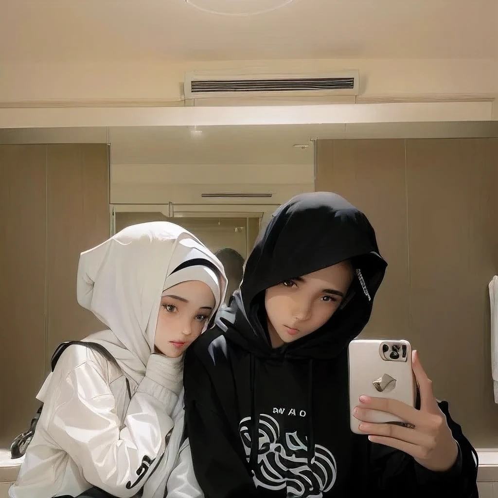 there is a woman and boy taking a selfie with her cell phone, realism artstyle, 1 girls using hijab, 1 boy using hoodie, eyes focus look at the mirror, realistic, hd picture , hd quality, romance, couple, lovers