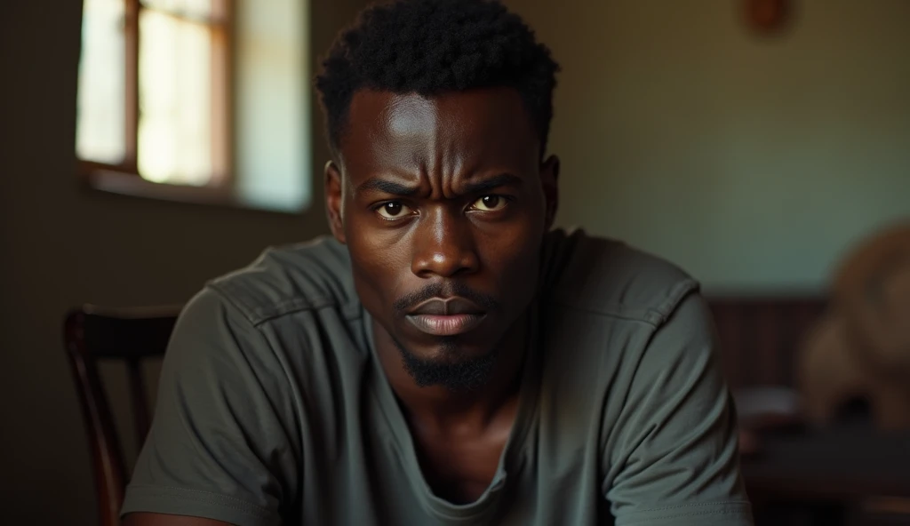 A real picture of unhappy young black man from Africa sitting in sitting room wondering and scared about the future 