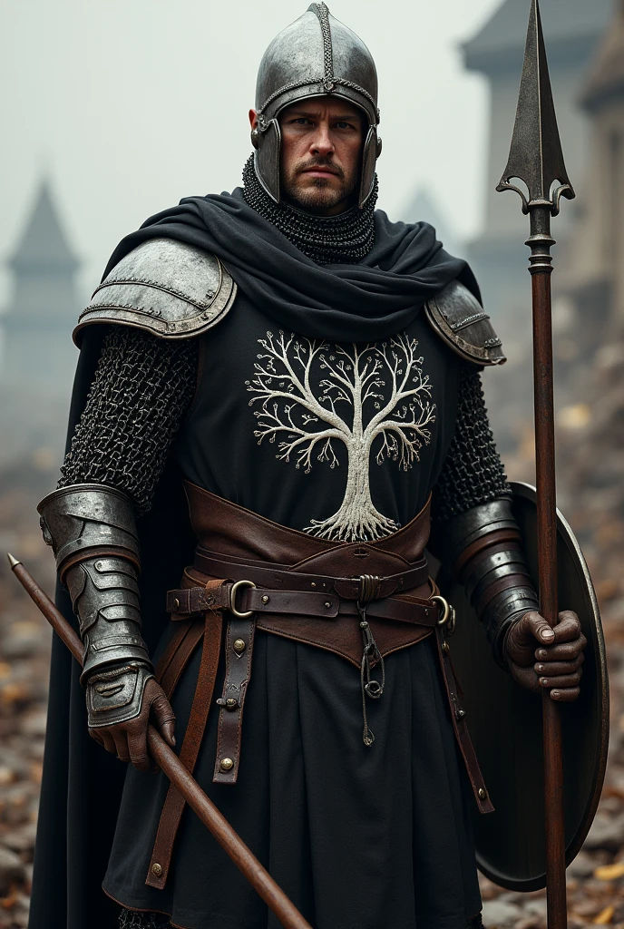 Soldier in chain mail. Black garment on top. Embroidery of a white tree. Black leather belt. Simple helmet. spear and shield