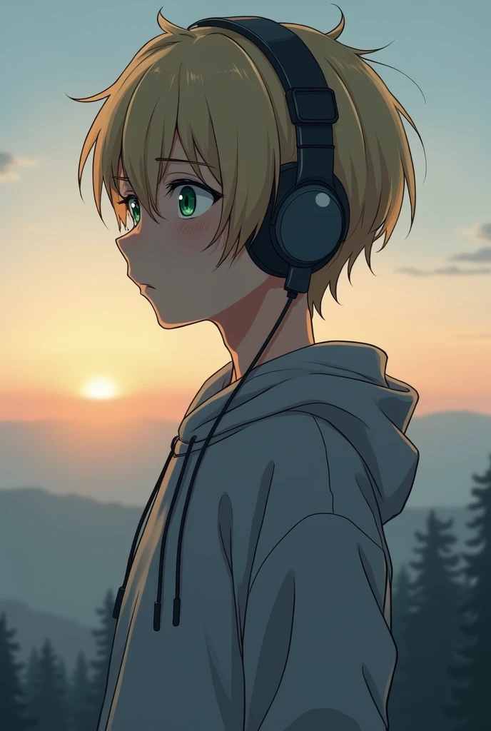 A profile picture of a blonde haired, green eyed anime boy with headphones looking thoughtful, in a sweatshirt and looking at the horizon, a little serious and melancholic