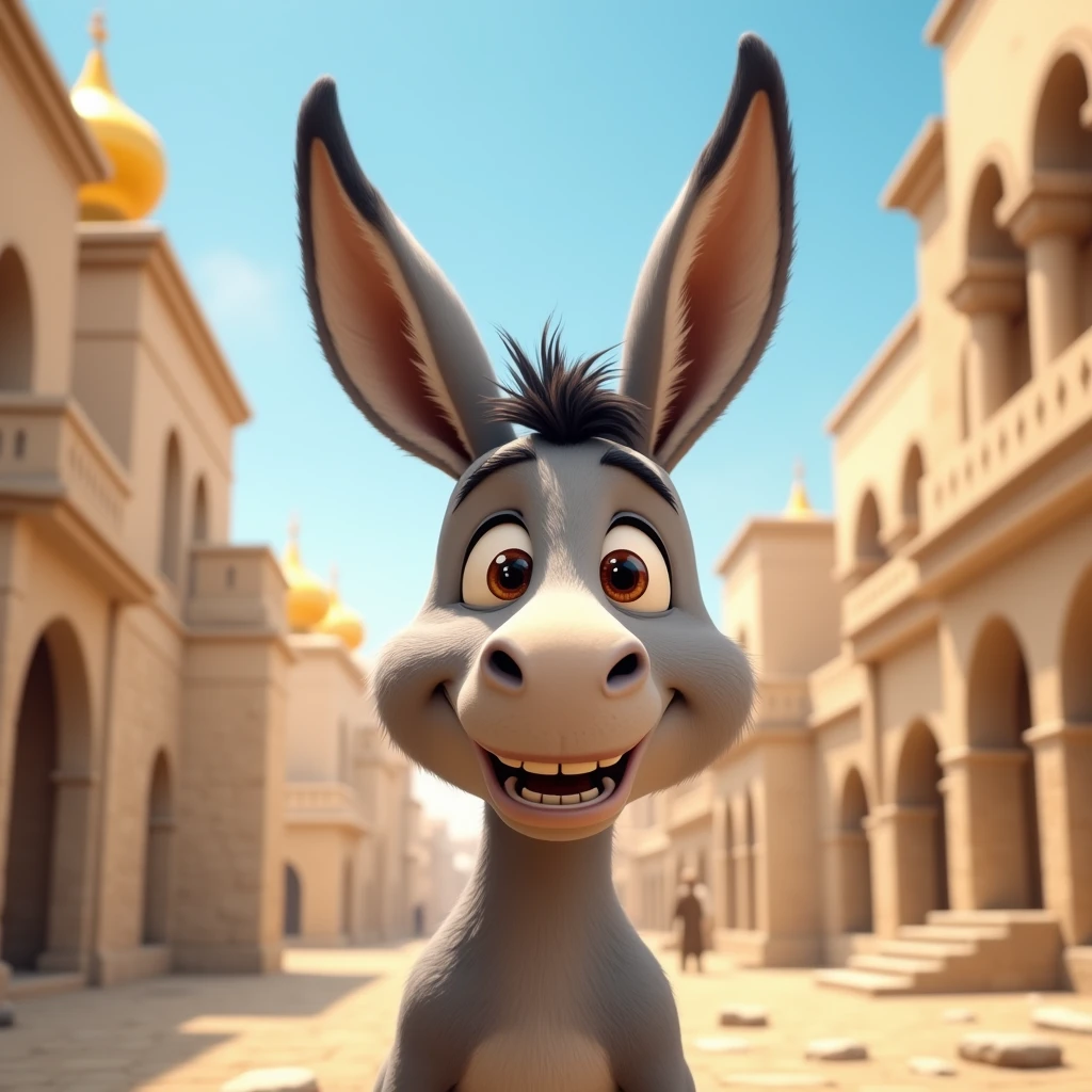 an image of a cute, expressive donkey with big, friendly eyes, in an ancient city with light stone buildings and golden domes in the background. The donkey should be looking at the viewer with a happy expression., on a sunny day with blue skies, creating a light and lively atmosphere