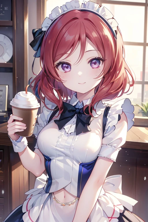  Highest quality、masterpiece、One Girl、alone、anime、animeScreencap、Ray Tracing、Global Illumination、ultra hi resolution picture、Bright colors、Light on the face、Glowing Eyes、Depth of written boundary、Detailed Background、cute、Straight、smile、View your viewers、Love Live!、whole body、Coffee shop、Maid clothes、Maki Nishikino