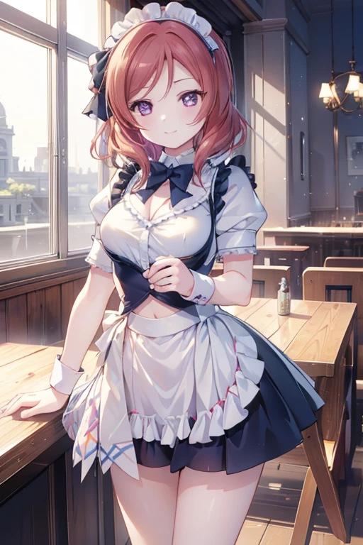  Highest quality、masterpiece、One Girl、alone、anime、animeScreencap、Ray Tracing、Global Illumination、ultra hi resolution picture、Bright colors、Light on the face、Glowing Eyes、Depth of written boundary、Detailed Background、cute、Straight、smile、View your viewers、Love Live!、whole body、Coffee shop、Maid clothes、Maki Nishikino