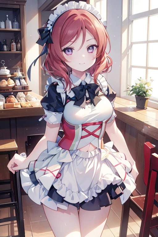  Highest quality、masterpiece、One Girl、alone、anime、animeScreencap、Ray Tracing、Global Illumination、ultra hi resolution picture、Bright colors、Light on the face、Glowing Eyes、Depth of written boundary、Detailed Background、cute、Straight、smile、View your viewers、Love Live!、whole body、Coffee shop、Maid clothes、Maki Nishikino