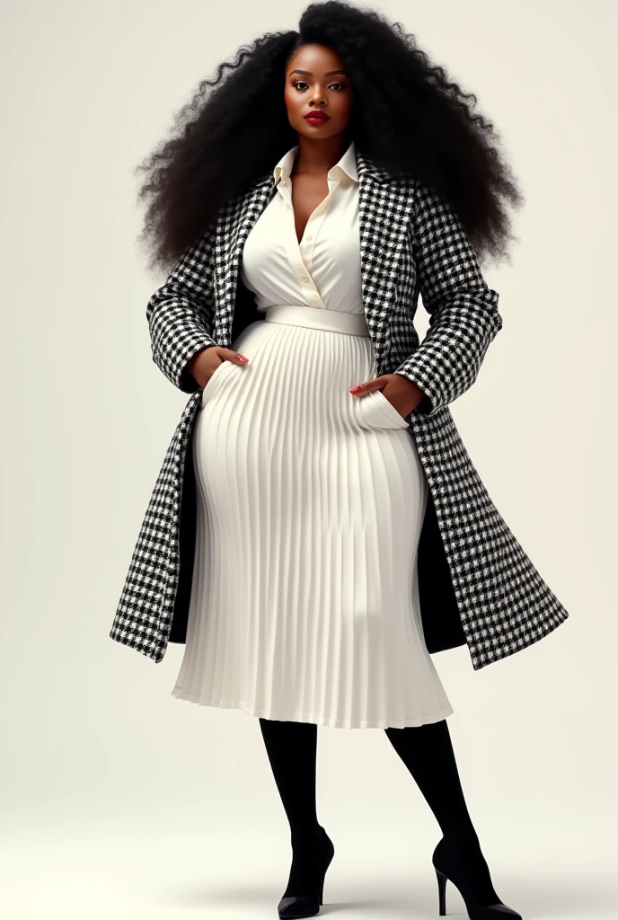 Make a picture of a black woman , long curly black hair, dark shaped eyes, chubby,wearing a white pleated mid skirt ,white blouse ,black and white houndstooth coat,black tights,black heel shoe