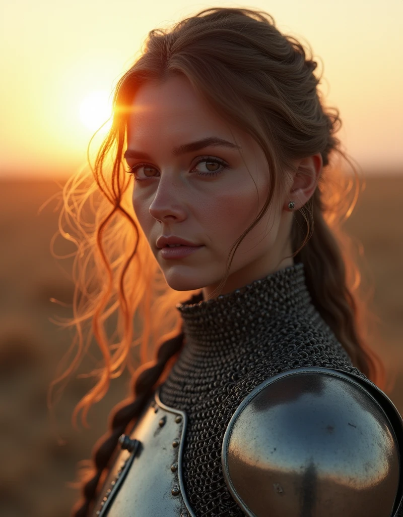 (masterpiece), (extremely intricate:1.3), (realistic), portrait of a girl, the most beautiful in the world, (medieval armor), metal reflections, upper body, outdoors, intense sunlight, far away castle, professional photograph of a stunning woman detailed, sharp focus, dramatic, award winning, cinematic lighting, octane render unreal engine, volumetrics dtx, (film grain, blurry background, blurry foreground, bokeh, depth of field, sunset, motion blur:1.3), chainmail