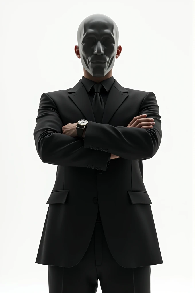Make a Man in Black suit with a mask and with a plain white background and the men body posture should be straight. With hands up