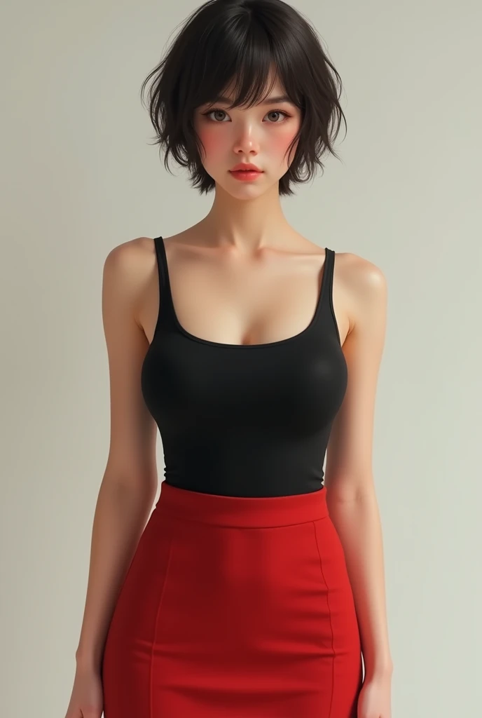 Very realistic and lifelike amateur portrait depicting a 20 year old girl with a slightly plump body and short hair wearing a black singlet and a tight red short skirt.
