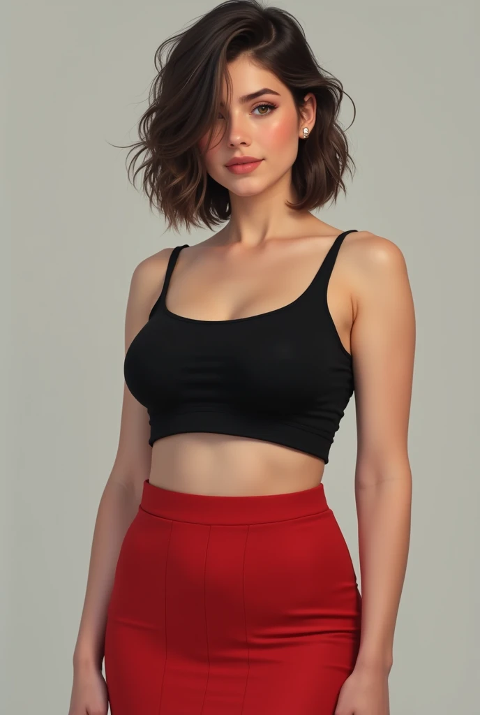 Very realistic and lifelike amateur portrait depicting a 20 year old girl with a slightly plump body and short hair wearing a black singlet and a tight red short skirt.