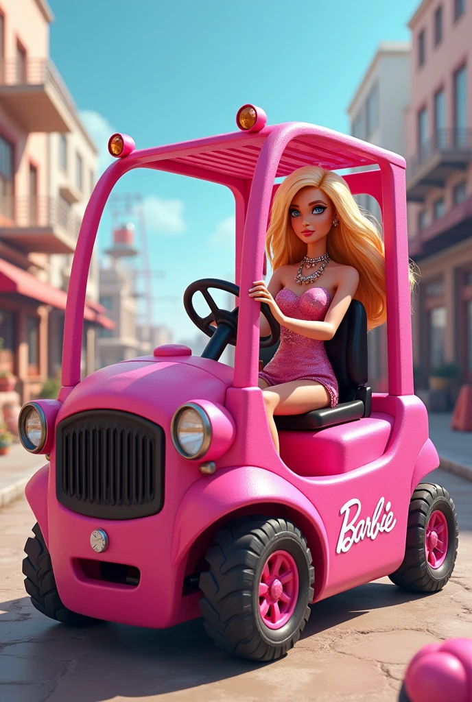 A pink pallet truck, with a Barbie design, that is pretty and a woman is driving it.