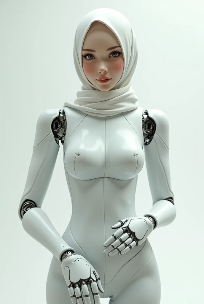 female robot wearing hijab, big breasts, white body, smile, robot arm, raise hand and wearing glove latex