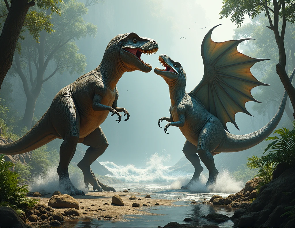 spawns a Tyrannosaurus rex Fighting a Spinosaurus