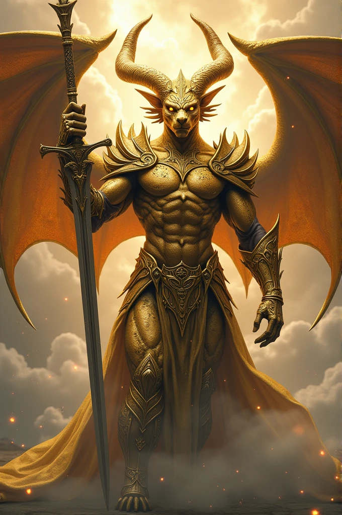 Make an image of a dragon-human hybrid with golden Capricorn armor,with the scalibur with the blessing of Athena and with dragon wings, with dragon helmet