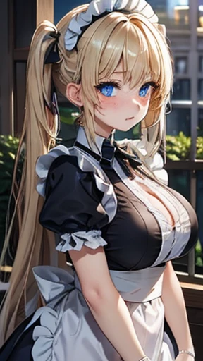 Blonde,Long twin tails,Very curled hair,Bright blue eyes,freckles,Big Breasts,teenager,Skin-tight clothing, Maid clothes,Dark Ruins,evening,Facing forward,Put your hands together and go forward.,