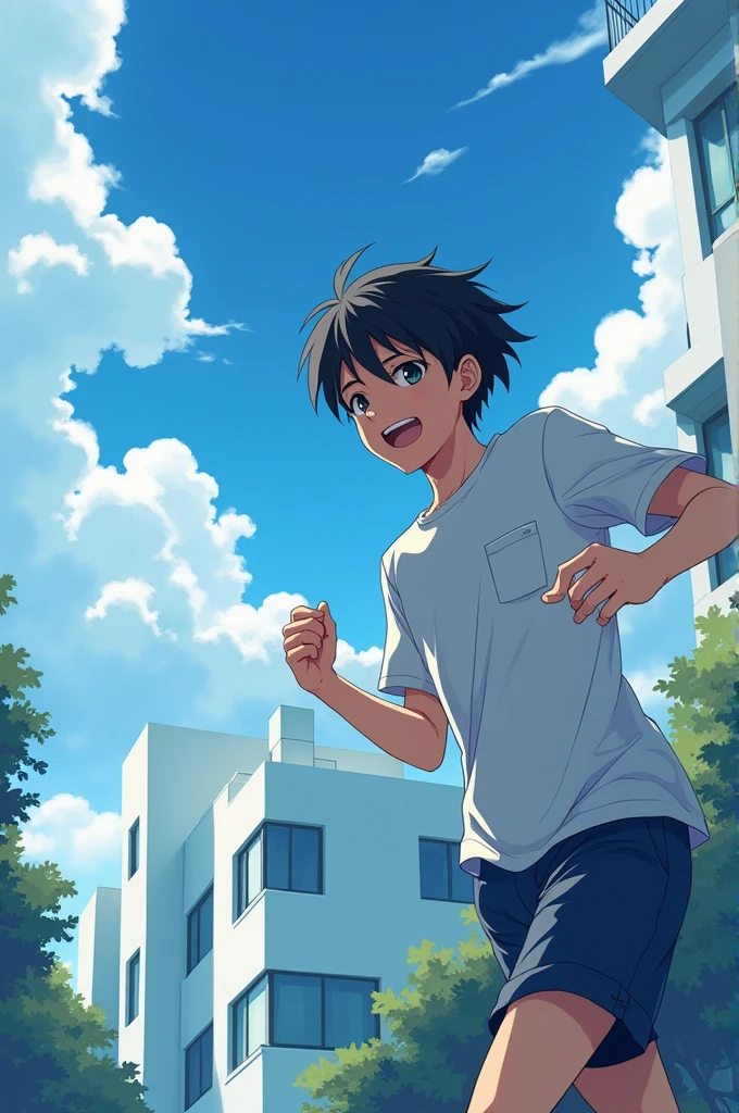 patient teenager boy character right side pose running from hospital roof , anime style (best quality)), ((masterpiece)), (detailed), perfect face