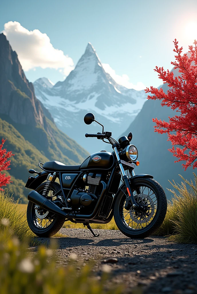 One black GT 650 royal Enfield bike in black colour and the mountain view and red tree