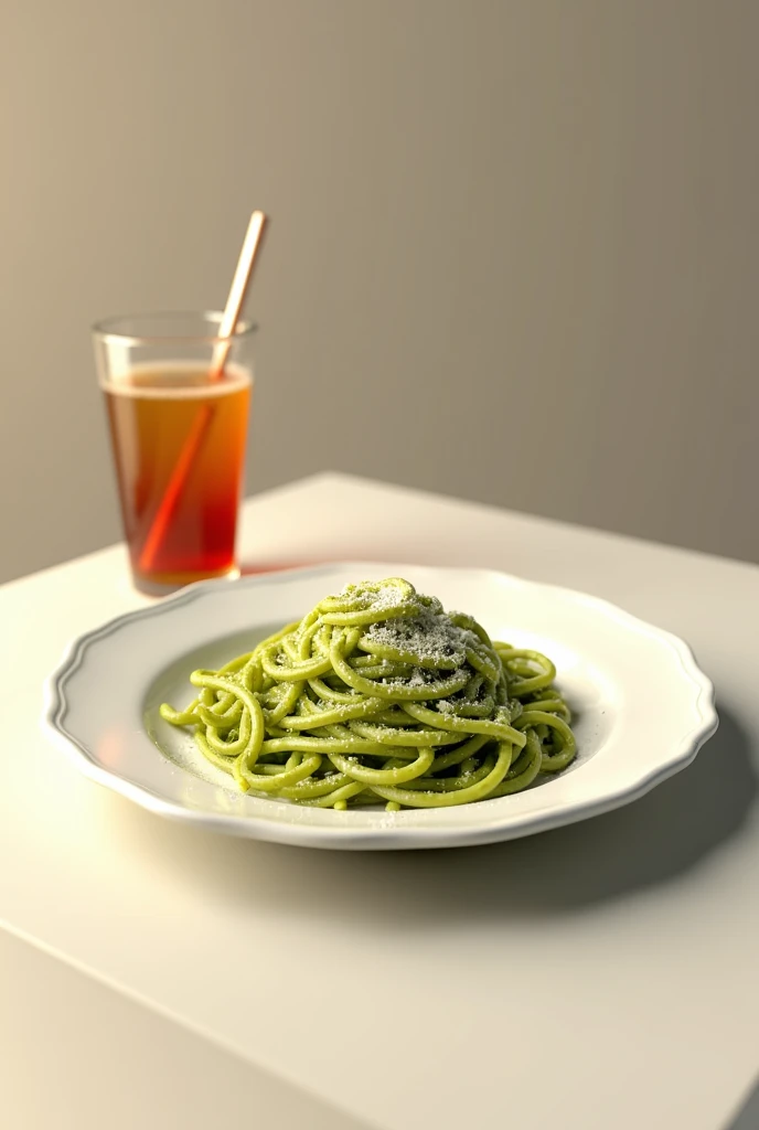 photoshot: table, Plate on the plate spaghetti with pesto and parmesan next to soft drink 3D realistic