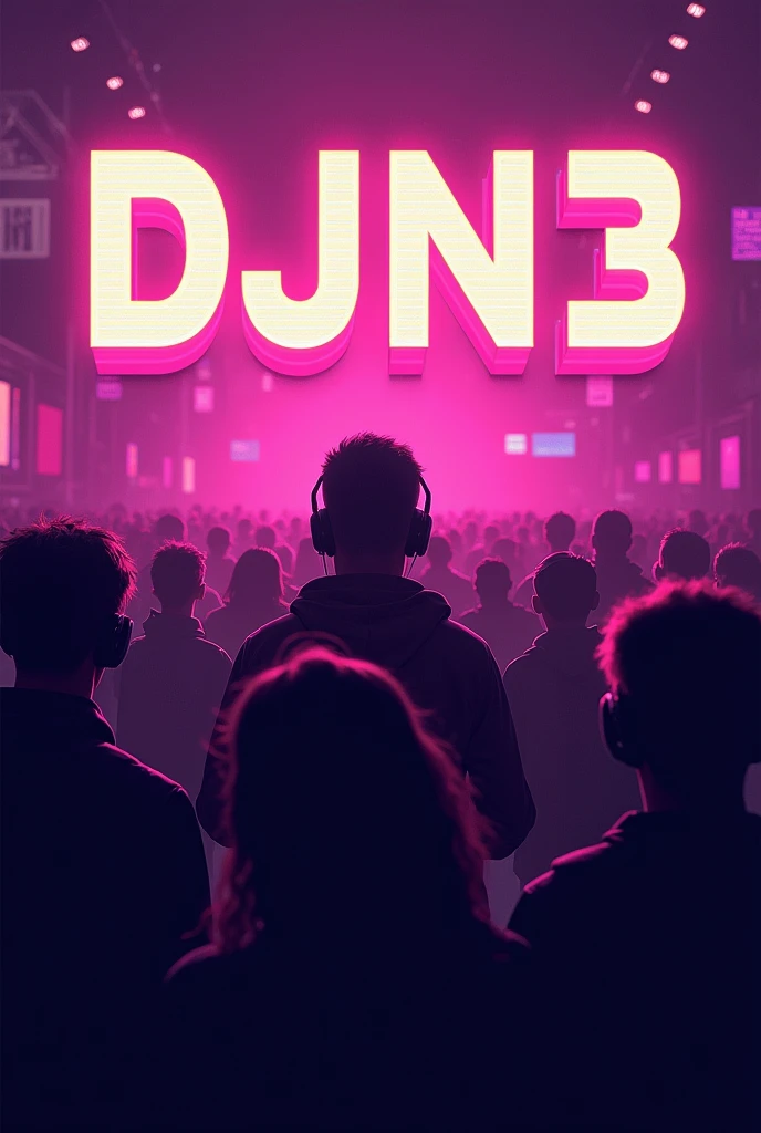 Make a profile picture with the name DJN3 in capital letters with a violet vibe, retro vibe, a lot of people there