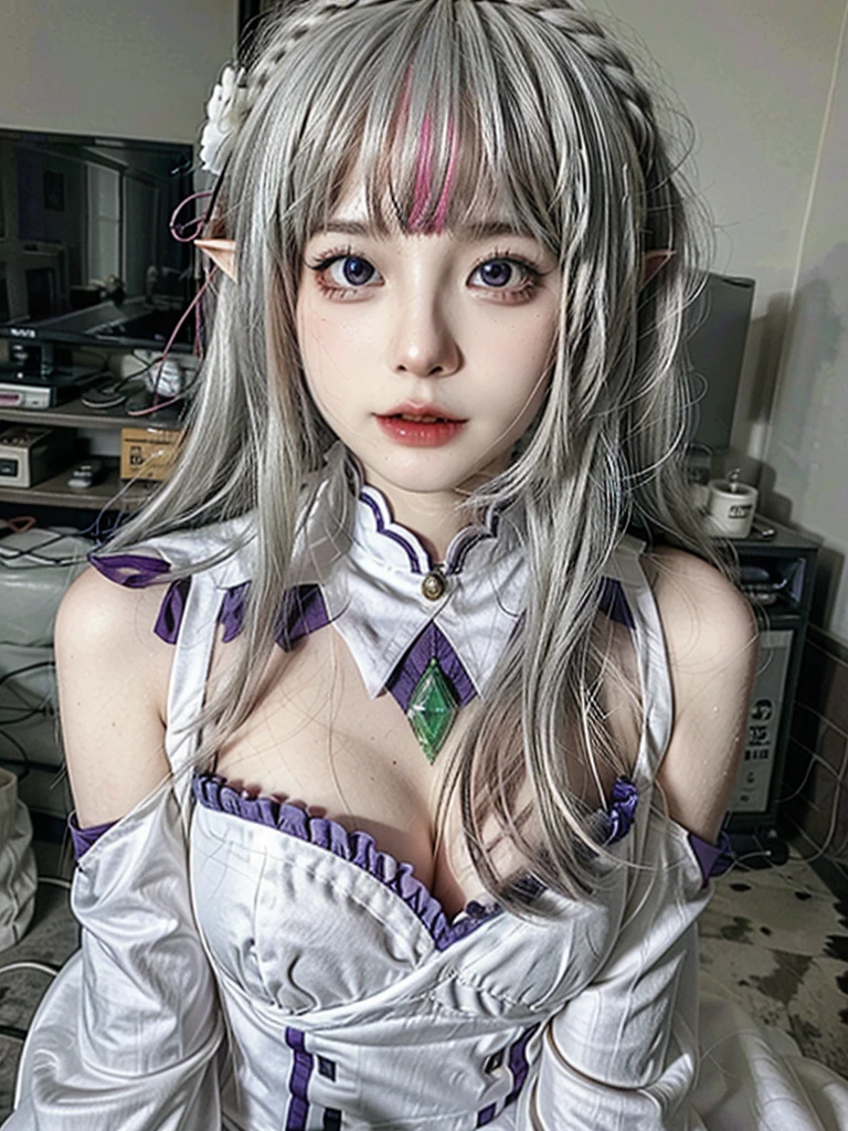 ulzzang-6500-v1.1,(raw photo:1.2),((photorealistic:1.4))best quality ,masterpiece, illustration, an extremely delicate and beautiful, extremely detailed ,CG ,unity ,8k wallpaper, finely detail, best quality,extremely detailed CG unity 8k wallpaper,absurdres, incredibly absurdres, big breats,sexy body,huge filesize, ultra-detailed, highres, extremely detailed,beautiful detailed girl, extremely detailed eyes and face, beautiful detailed eyes,light on face,cinematic lighting,1girl,(full body),(full-body shot),looking at viewer,outdoors, silver_hair, pointy_ears, purple_eyes, hair_ornament, hair_ribbon, lips