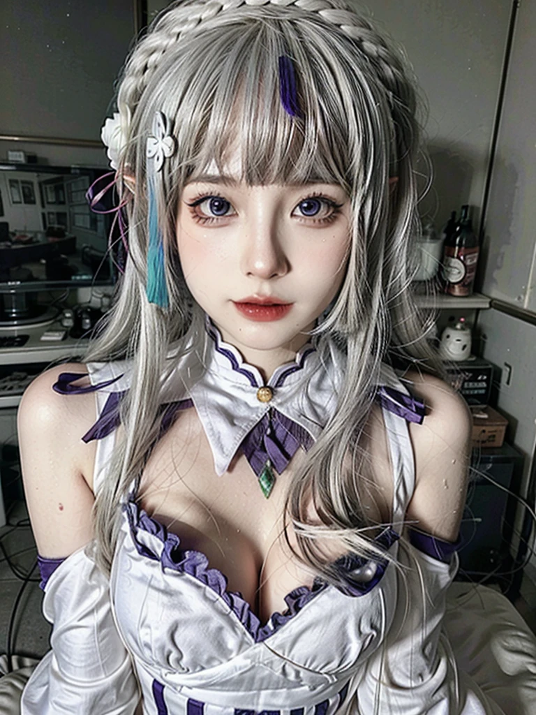 ulzzang-6500-v1.1,(raw photo:1.2),((photorealistic:1.4))best quality ,masterpiece, illustration, an extremely delicate and beautiful, extremely detailed ,CG ,unity ,8k wallpaper, finely detail, best quality,extremely detailed CG unity 8k wallpaper,absurdres, incredibly absurdres, big breats,sexy body,huge filesize, ultra-detailed, highres, extremely detailed,beautiful detailed girl, extremely detailed eyes and face, beautiful detailed eyes,light on face,cinematic lighting,1girl,(full body),(full-body shot),looking at viewer,outdoors, silver_hair, pointy_ears, purple_eyes, hair_ornament, hair_ribbon, lips